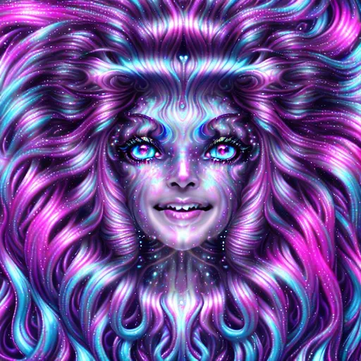 Prompt: Exuberant, Happy, Joyful, Affectionate, psychedelic cinematic, Nebula, 3D HD Beautiful [{one}{Goddess}Female long flowing hair and liquid satin, Beautiful big reflective eyes, beautiful hands]::2, expansive metallic background, supernova, freeform colorful ink chaos, hyper realistic, 64K --s98500