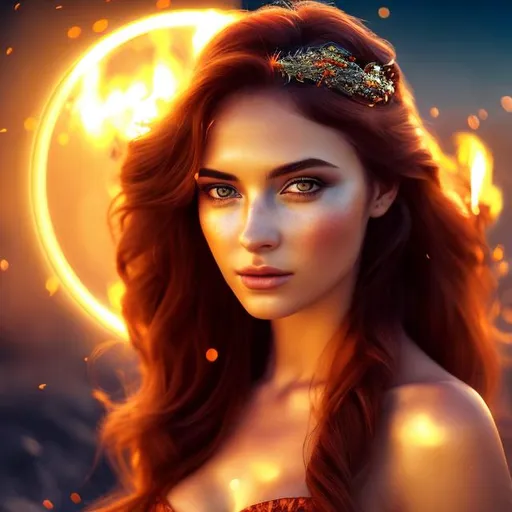 Prompt: HD 4k 3D 8k professional modeling photo hyper realistic beautiful woman ethereal greek goddess of hearth, home, domesticity and chastity
fiery red hair brown eyes gorgeous face tan skin orange shimmering dress jewelry headpiece full body surrounded by magical glowing firelight hd landscape background of enchanting mystical flames