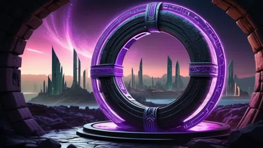 Prompt: magical portal between cities realms worlds kingdoms, circular portal, ring standing on edge, upright ring, freestanding ring, hieroglyphs on ring, complete ring, ancient roman architecture, atlantis setting, purple aurora borealis, panoramic view, dark night, futuristic cyberpunk tech-noir setting