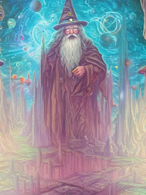 Prompt: Wizard in front of space city. Planets in sky, mushrooms, trippy, oak tree