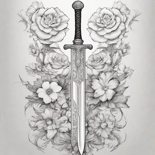 Prompt: Create me a simple straight short sword, the picture should be in black and white, pencil drawn, and a floral border and white background 