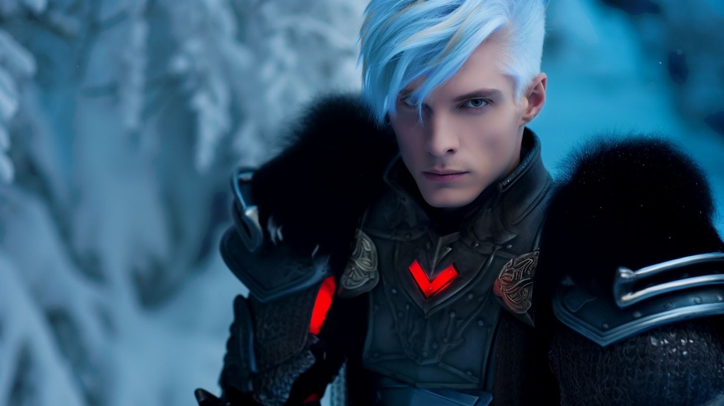 Prompt: handsome russian man with a chiseled jawline, ice blue undercut hair, bright blue eyes, Two red earings, Long thick black fur lining grey and black armor, disapointed expression, attractive, thick eyeliner, perfectly styled hair, red lance on his back, realistic warrior, heavy snow --no facial hair --upbeta --ar 16:9