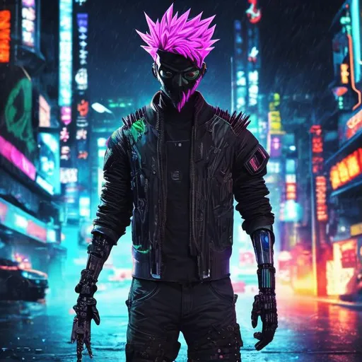 Prompt: New bearded anti-hero. Neon mohawk. Ex army mercenary. Futuristic. Bionic limbs. Cyber enhancements. Black and neon. Gritty. Anime. Neo tokyo. Holographic armour.  In rain. Devious trickster. Blade in hand. Blood. Dark
