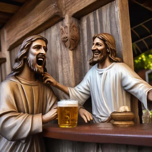 Jesus saint francis saint joseph saint luke laughing drinking beer outside bar