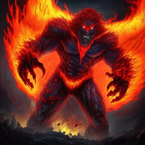 Prompt: A hyperrealistic demon with red eyes and red flame wings with head up howling with black body and large muscles towering over a red fire island throwing red fire down at the island 