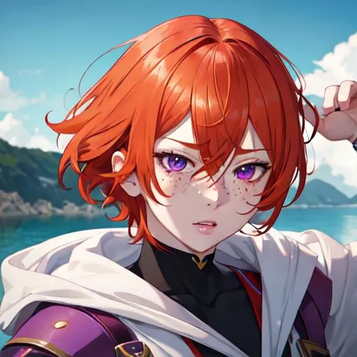 Prompt: Erikku male adult (short ginger hair, freckles, right eye blue left eye purple) UHD, 8K, Highly detailed, insane detail, best quality, high quality,  anime style