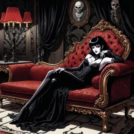 Prompt: Junji Ito manga style Black and White, Elvira Mistress of the Dark lying on her side on a Chaise Lounge with Lionel Atwill next her), baroque style, dark color scheme, elegantly gothic attire, intricate details, dim lighting, dramatic shadows, opulent background, luxurious textures, ornate furniture, deep reds and blacks, baroque patterns, solemn atmosphere, rich color tones, dark romanticism, ultra-detailed, 4K, photorealistic masterpiece, timeless elegance.