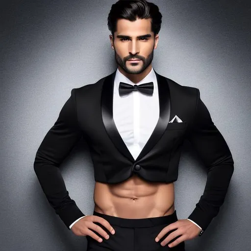 Prompt: Make a stock photo of an attractive long-haired young man with a six pack abs and no facial hair wearing a crop top black long sleeve tuxedo with a bowtie, black tuxedo pants, and a bare midriff, he has an exposed belly button, plain background, 4k, professional camera, amazing lighting, beautiful composition, trending on artstation
