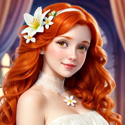 Prompt: Disney princess with ginger hair, white flower in hair, facial closeup

