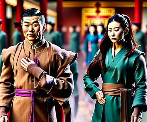 Prompt: A captivating image emerges - An Asian Man and Woman are donning a unique fusion of Eastern and Western attire. Each is wearing a long necktie that adds a touch of formality, while each is wearing overcoat robes that makes their outfits look similar to business suits. They radiate strength, resembling terra cotta warriors wearing neckties. The scene is set amidst the backdrop of a warehouse and/or hangar, evoking a realistic and picturesque landscape. The photograph captures the essence of this intriguing blend, inviting viewers to delve deeper into the fusion of cultures.