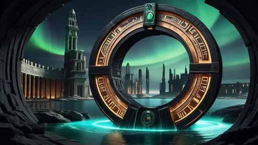 Prompt: magical portal between cities realms worlds kingdoms, circular portal, ring standing on edge, upright ring, freestanding ring, hieroglyphs on ring, complete ring, ancient roman architecture, atlantis setting, aurora borealis, panoramic view, dark night, futuristic cyberpunk tech-noir setting