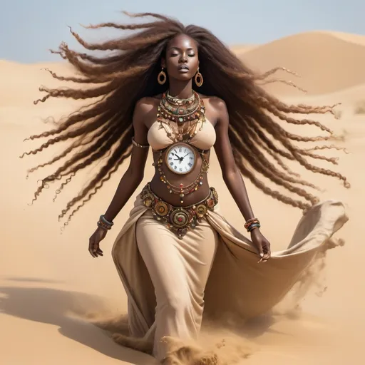 Prompt: Tall African woman with long jeweled hair flowing in the air, walking across sand blowing around her.  She has various types of clocks creating a garment around her body.  She is beautiful