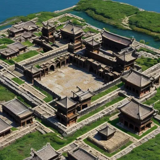Prompt: medieval asian complex next to a port