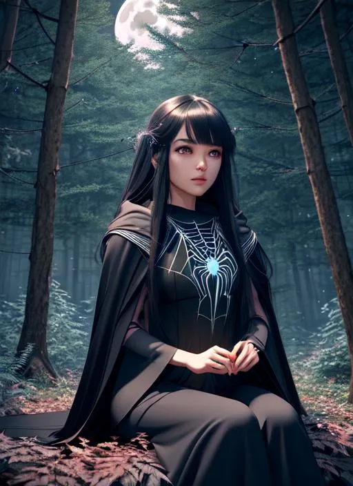 Prompt: Beautiful half-girl, half-spider creature with long hair sitting on a web in a dark forest. She holds a small spider and wears a cloak made of spiderwebs. Use a dark color palette and add a full moon in the background, Artgerm, CryEngine, Octane Render, 8k, symmetrical face, accurate anatomy ultra detailed face, very ((Masterpiece)), Generate a unique and visually stunning eye design Experiment with different generative design techniques and AI algorithms to create an eye that is both aesthetically pleasing and distinctive. Use colors, textures, and lighting effects to create an eye design that captures the viewer's attention and imagination