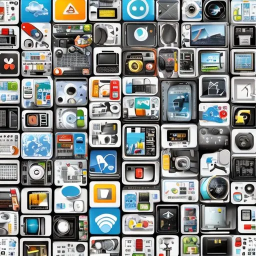 Prompt: Create a collage of images that symbolize different aspects of technology. Include icons representing gadgets, cloud computing, AI, coding, and more. These images can be arranged in a grid or a creative pattern.