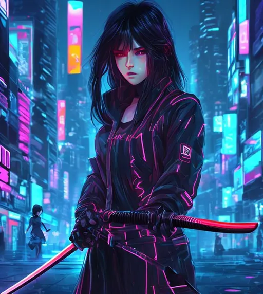 Prompt: Digital art, black haired girl holding a sword in a neon city background 