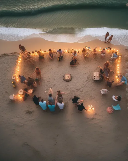 Prompt: A lively aerial shot of a beach party at dusk with bonfires and lanterns scattered across the sand. Groups of friends dance together while waves crash gently along the shoreline behind them. The scene is illuminated by the warm light of the setting sun blending with the cooler light of the rising moon. Shot with a DJI Mavic 3 drone using a wide angle lens to capture the scope. The mood is carefree summertime joy. In the style of José Luis Ruiz.