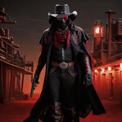 Prompt: Cyber Cowboy with 4 Arms, fiery red Poncho, Dressed in black duster and Stetson Cowboy Hat, with Red Sunglasses, Haunting Presence, Intricately Detailed, Hyperdetailed, Desert Wild West Landscape, Dusty Midnight Lighting, Wild West Feel