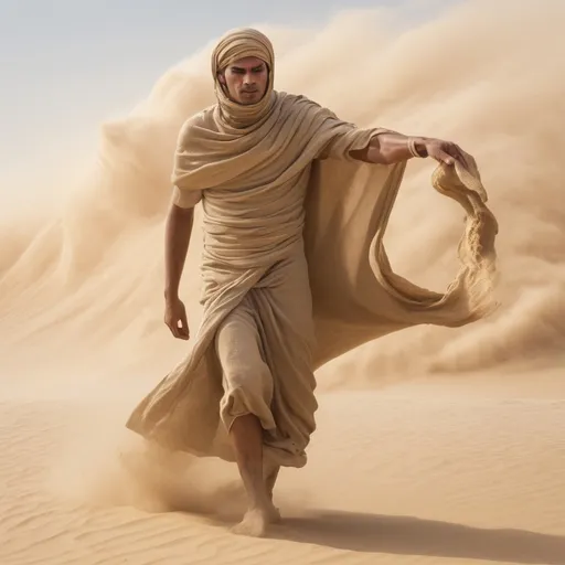 Prompt: Create an image of a man made entirely out of sand, walking toward the left side of the image, into the wind of a sand storm. The right side of the body is being blown back into individual grains of sand as the wind affects the sand body as well as the sand at the feet. he is wearing traditional egyptianclothes. he is leaning into the wind as if he is struggling to walk.. High resolution, photo realistic, warm lighting