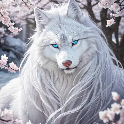 Prompt: highly detailed Portrait of alluring fantasy silvery-white ((wolf)), gorgeous, stunning, billowing voluminous mane, gleaming ice blue eyes, photorealistic quality, in magical environment, furry tail, cherry blossoms, sakura trees, frosted blossoms, frosted fur, highly stylized face and tail, extremely beautiful, intricate detailed, extremely complex art, ray tracing, masterpiece, by Thomas Kinkade, by Ismail Inceoglu, trending on Instagram, artstation, highly detailed eyes, 8k eyes, HARDWARE Photographic Art Direction, WLOP 5, realistic canine body, centered, anime Character Design, Unreal Engine, Beautiful, Tumblr Aesthetic,  Hd Photography, Hyperrealism, Beautiful oil Painting, Realistic, Detailed, Painting By Olga Shvartsur, Anne Stokes, Svetlana Novikova, Fine Art