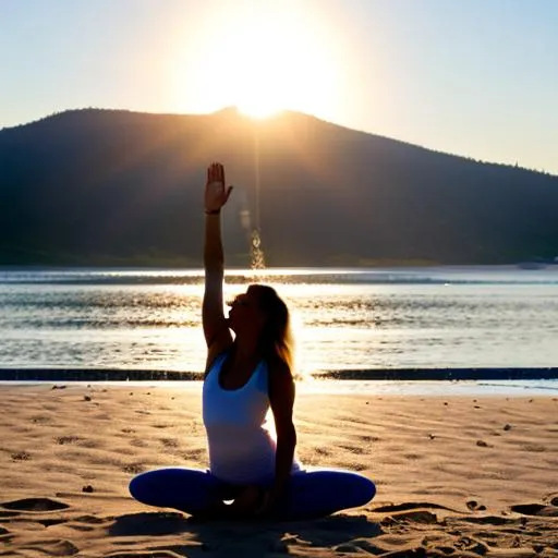 Prompt: "Develop an image that illustrates the transformative power of morning yoga in breaking the chains of procrastination. Depict a person emerging with determination from within a giant hourglass. As they perform a yoga pose, grains of sand flow around them, symbolizing the mastery of time and the transition into an ultra-productive day. Gentle rays of sunrise highlight this moment of renewal, while visual elements like torn calendars or completed tasks in the background underscore the accomplishment of activities once postponed. The person's facial expression should mirror a blend of confidence and relief, encapsulating the sense of triumph over procrastination and the awakening to a new level of productivity."