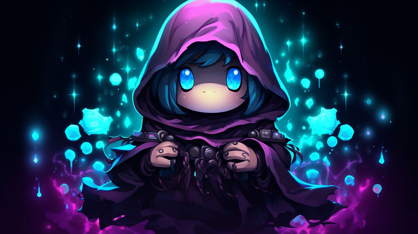 Prompt: The image features a pixelated, chibi-style character with hues of turquoise and lilac, floating against a dark backdrop. The character wears a hooded cloak, with purple eyes peeking out, and is surrounded by shimmering pink particles.