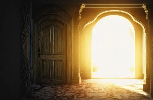 Prompt: Door at the end of the hallway, through the door can seen fantasies of haven