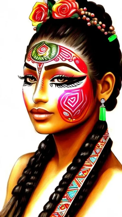 Prompt: Sketch of a mayan woman, beautiful eyeliner and face paint, roses and jade beads