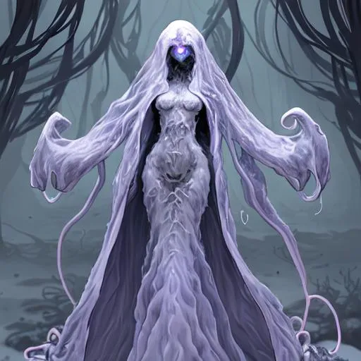 Prompt: concept designs for an ethereal wraith like figure with a squid like parasite latched onto its head and long tentacle arms that flow lazily but gracefully at its sides like a cloak while it floats around a forgotten kingdom in the snow searching for lost souls and that hides amongst the shadows in the trees, this character has hydrokinesis and electrokinesis for the resident evil village video game franchise with inspiration from the franchise Bloodborne and the mind flayer from stranger things on netflix