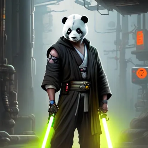 Prompt: Panda Jedi Master, wear a jedi robe, welding a green light saber, hiding in the shadows of a dark door way, in the style of cyberpunk 2077