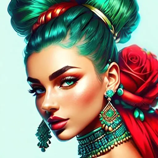 Prompt: An extremely gorgeous woman,  with top knots full of cyan jewels, in color scheme of green and red