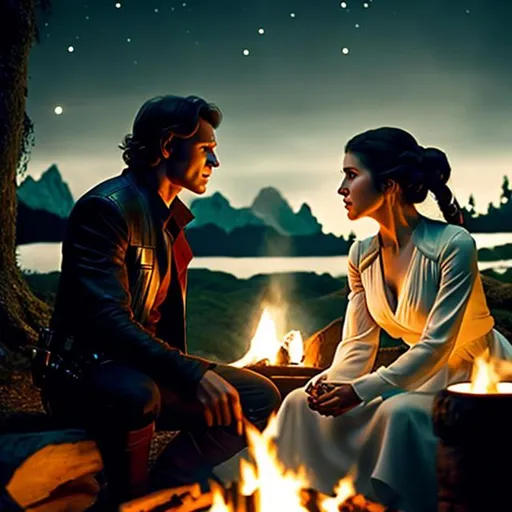 Prompt: Han Solo and Princess Leia staring at each other, sitting on large log holding hands in dark forest, moonlight shining down, at a campfire