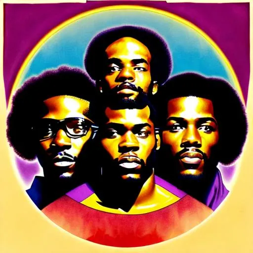 Prompt: four-headed black male group, psychedelic 1970s style album cover
