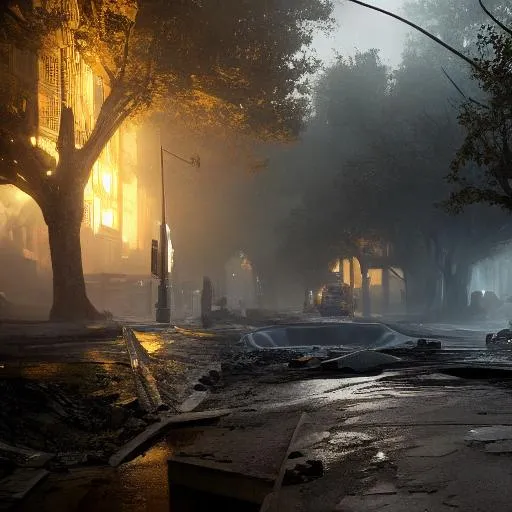 Prompt: Huge sink hole rips through half the street in an American suburb, Eerie, Atmospheric, a masterpiece, 8k resolution, dark fantasy concept art, by Greg Rutkowski, dynamic lighting, hyperdetailed, intricately detailed, Splash screen art, trending on Artstation, deep color, Unreal Engine, volumetric lighting, Alphonse Mucha, Jordan Grimmer, purple and yellow complementary colors