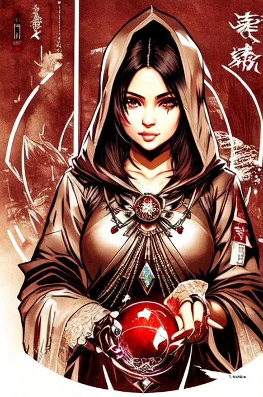 Prompt: (((Yoji Shinkawa))), sticker of ultra detailed portrait of kylie jenner as hooded fortune teller, holding large crystal ball, ((wearing a hood robe)), high quality cell shaded illustration in post apocalyptic style by Yoji Shinkawa, ((full body)), dynamic pose, perfect anatomy, centered, freedom, soul, black long hair, approach to perfection, cell, ((green skin color)), shading, 4k , has a large crystal ball, evil grin, beautiful, cinematic dramatic {Concept 
sheet} atmosphere, watercolor painting, global illumination, detailed and intricate environment, artstation, concept art, fluid and sharp focus, volumetric lighting, cinematic lighting, Art by Yoji Shinkawa,