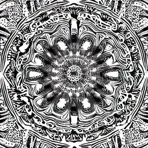 Prompt: psychedelic experience black and white drawing