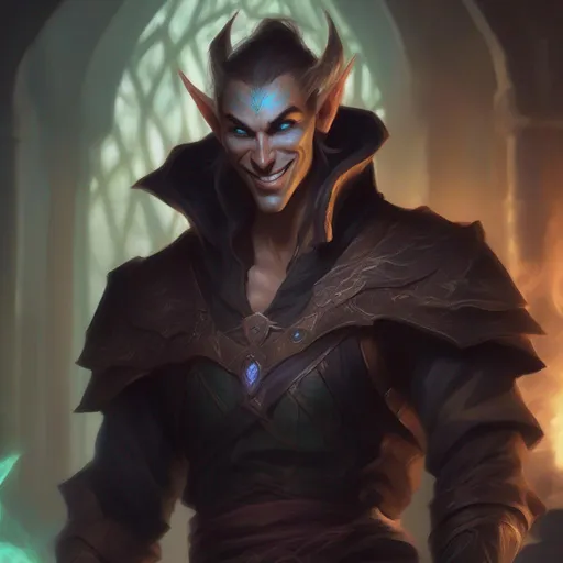 Prompt: magical eladrin rogue d&d, hi res, sinister, badass, glowing eyes, magic AF, male, mad grin, long ears