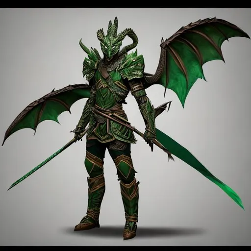 Prompt: Humanoid dragon, ranger, with dark green color palette and longbow