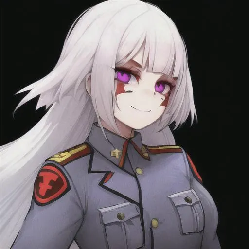 Prompt: soldier girl white hair long hair purple eye ww2 blood on face
happy face
