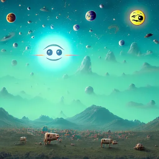 Prompt:  three Suns three moons planets all around Cows upside down floating in the air, birds flying backwards, turtles running fast, buildings talking to each other with eyes and mouths, mountains greeting each other with love and positivity, humans living in peace. Salvador Dali style hidden messages and items in image like aliens and space ships and talking trees and 🤣 emojis and toys 