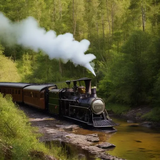 Prompt: steam train in forest by stream with prospectors