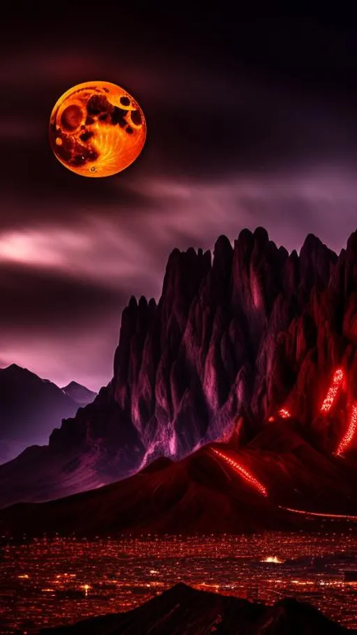 Prompt: A violent night, masterpiece, highly detailed, ultra realistic, a blood. Moon,8k quality, highly detailed, ultrahd, masterpiece, two valley with purple colour, realstic deep colour, ultra hd, masterpiece, 8k quality, 