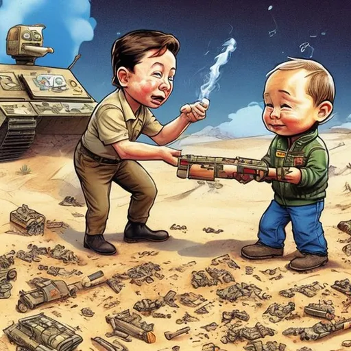 Prompt: Toddler Putin scoring points in the sandbox with little Elon Musk, "scattered, toppled, broken, burned, and smoking toy tanks," Sergio Aragonés MAD-Magazine style