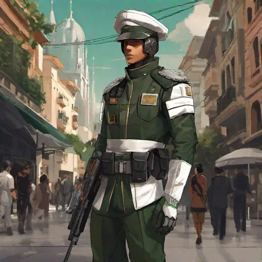 Prompt: whole body, full figure. a spanish scifi soldier in high uniform and envelope cap. Dark green uniform with white details. a scifi city in background. rpg art.  2d art. 2d