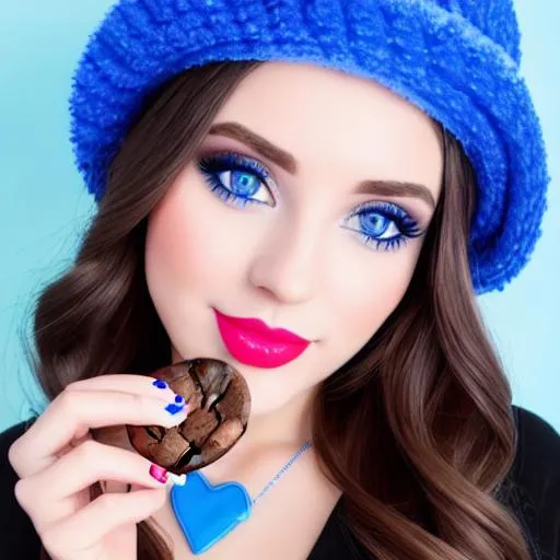 Prompt: Elise Stefanik eating frosty blue cake together, inside temple bakery,  blue lipstick, pleasant face, blue eyes, cookie eyeshadow, Sugar Hat, extremely large ice cream earrings. Wide Blue heart necklaces, Cold color scheme, ultradetailed, 8k resolution, perfect, smooth, high quality, shiny. 