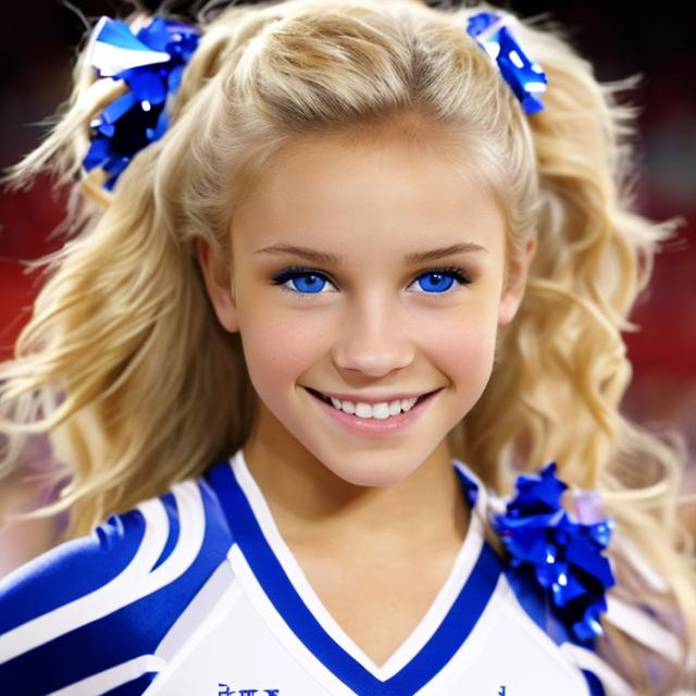 A beautiful cheerleader with blonde hair and blue eyes