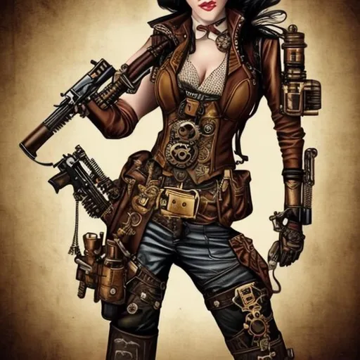 Prompt: Steampunk women with gun 
Pretty