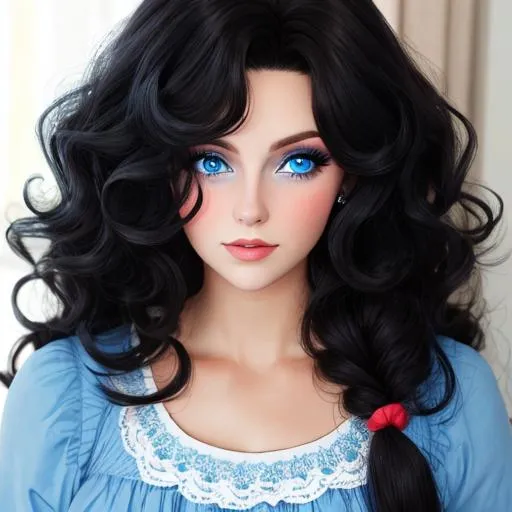 Prompt: a woman with long curlly, dark hair, blue eyes