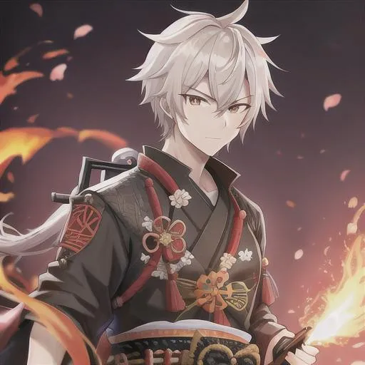 Prompt: Male Samurai Weaing Dark Flaming Kimono