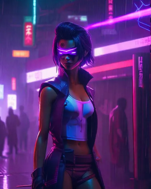 Prompt: A cyberpunk assassin lurks in a foggy neon-lit Tokyo alleyway, laser blade glowing purple as she prepares to strike her target. Flickering holograms and signs illuminate her stoic face. In the style of Ash Thorp